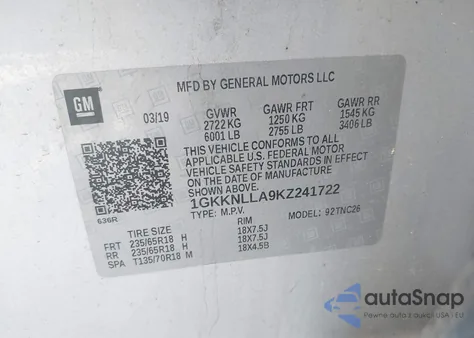2019 GMC Acadia Sle-2 from USA, damaged, VIN 1GKKNLLA9KZ241722